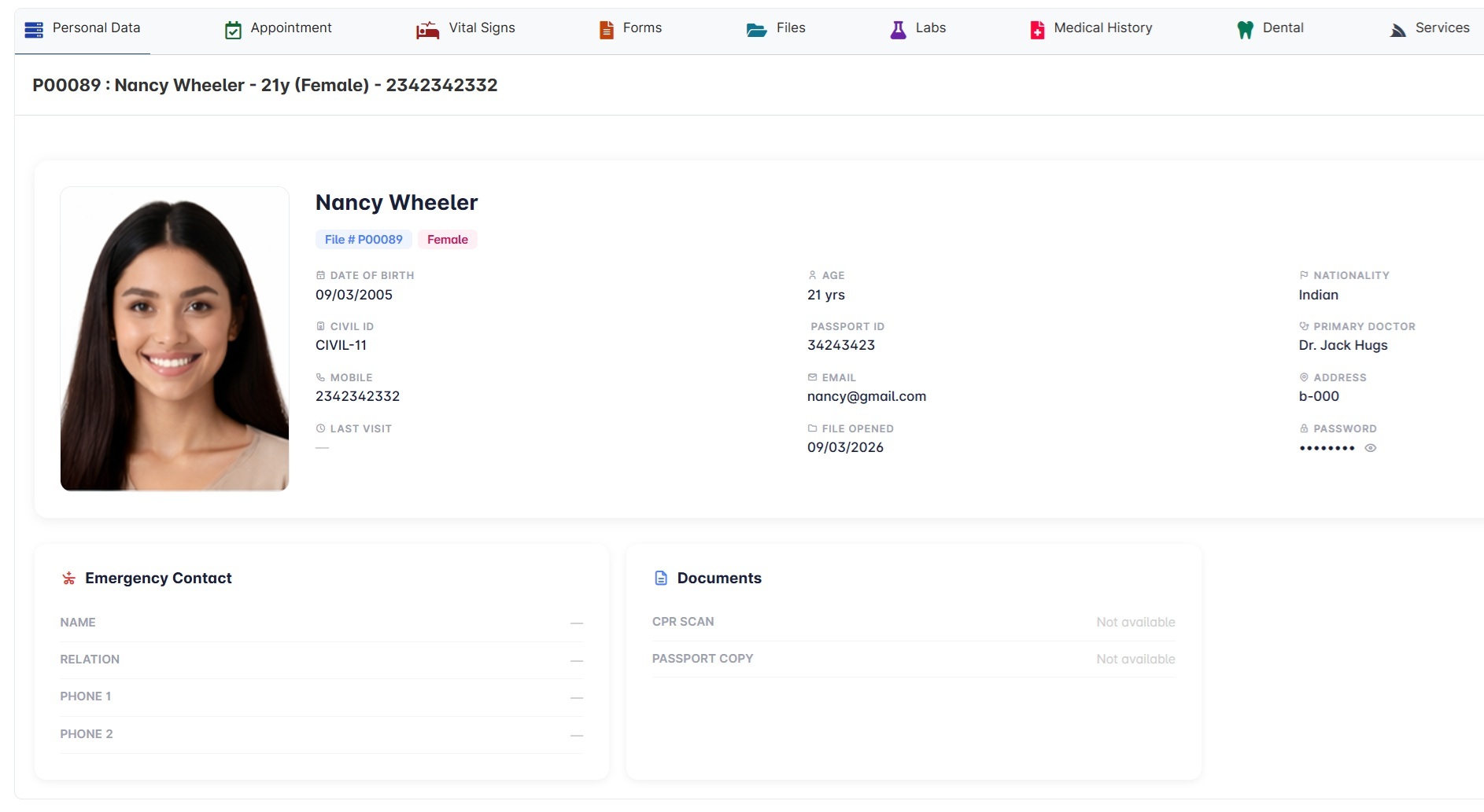 Patient demographic screen